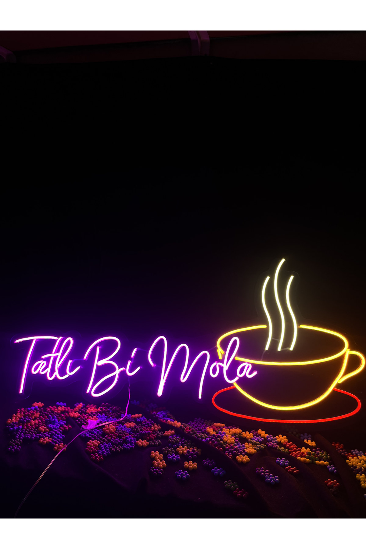 Tatlı Bi Mola ve Kahve Fincanı - Dekoratif Duvar Aydınlatması Neon Led Yazı Cafe Restoran 101x45 cm