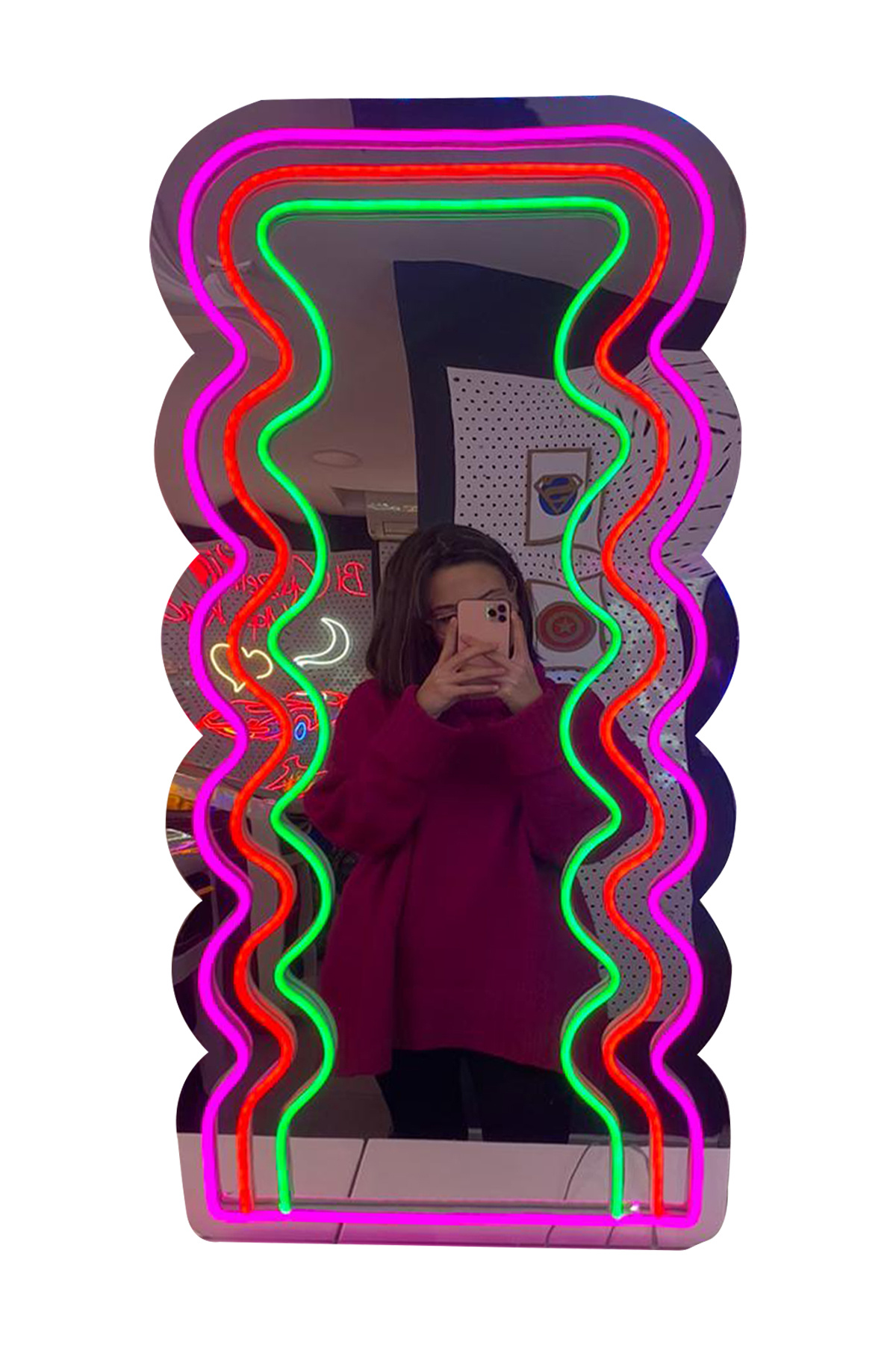Kıvrımlı Wave Ayna Pleksi Neon Led Işıklı Tablo Duvar Dekorasyon Ürünleri 