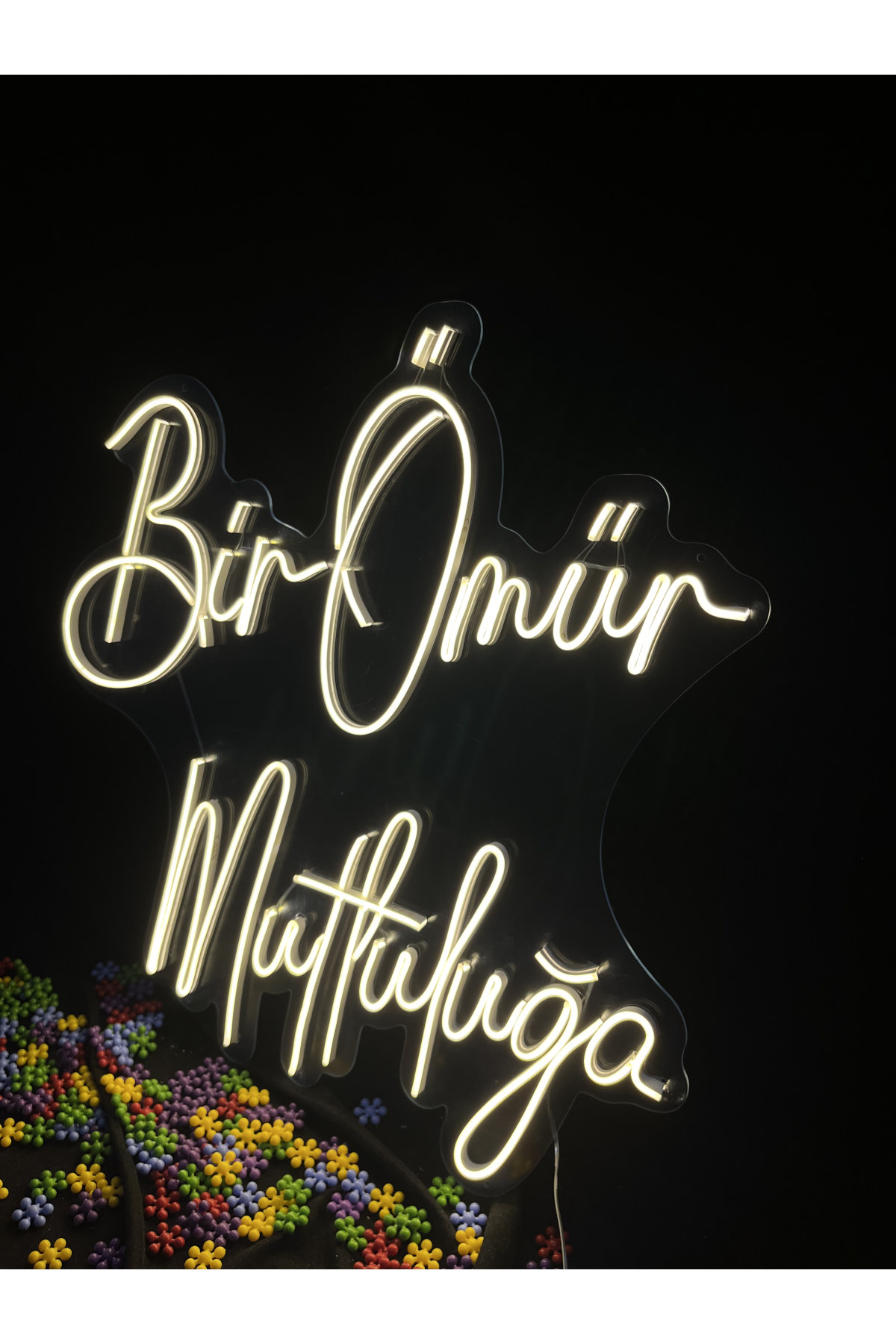 Bir Ömür Mutluluğa - Dekoratif Duvar Aydınlatması Neon Led Yazı Evlilik Teklifi Sürpriz 70x69 cm