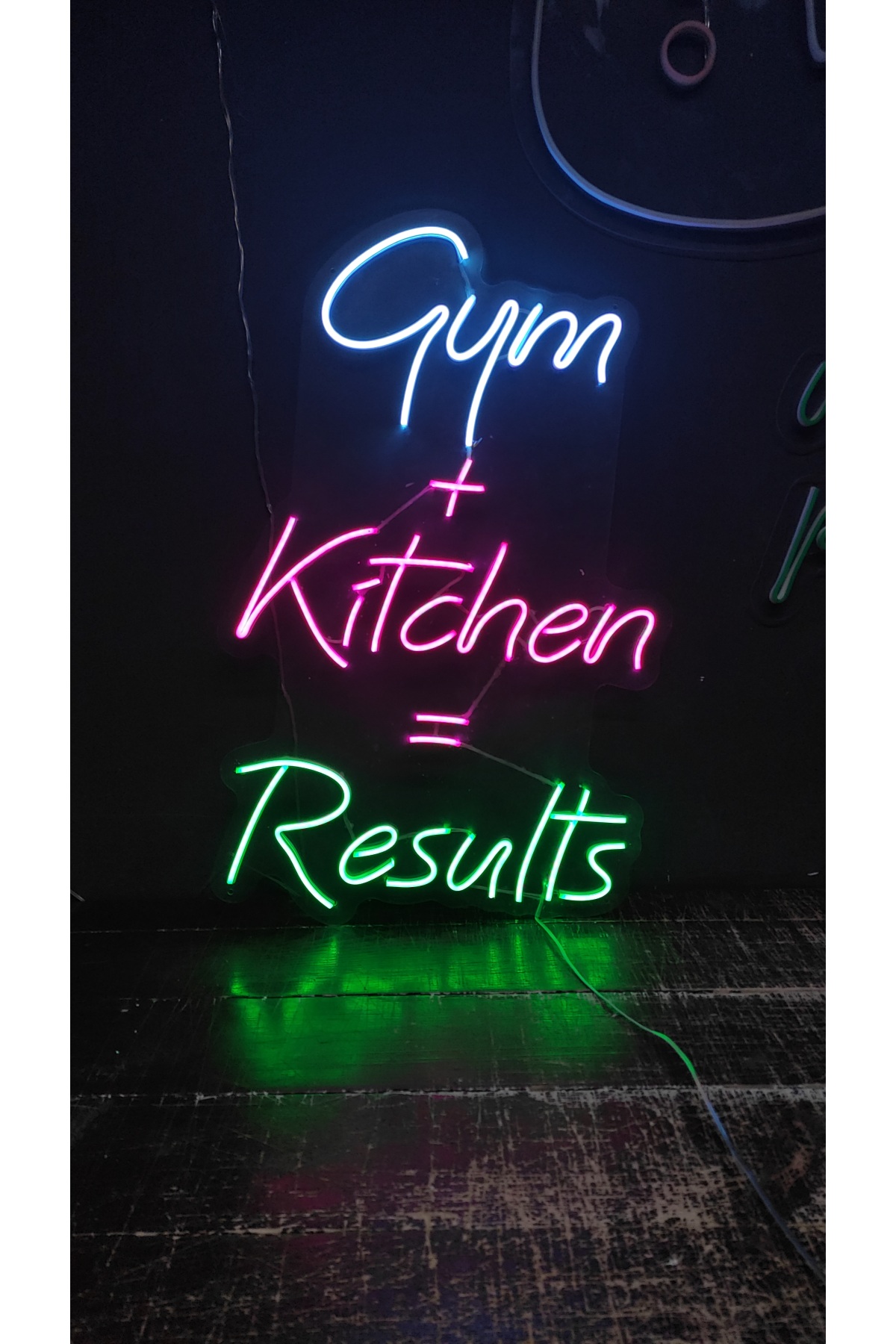Gym + Kitchen = Results - Dekoratif Duvar Aydınlatması Neon Led Yazı Spor Salonu ve Yaşam 45x70 cm