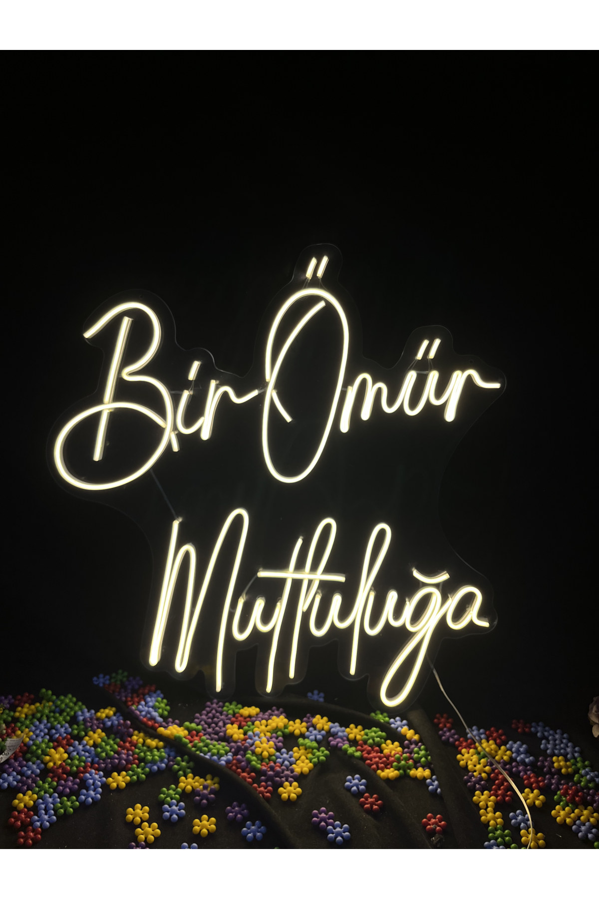 Bir Ömür Mutluluğa - Dekoratif Duvar Aydınlatması Neon Led Yazı Evlilik Teklifi Sürpriz 70x69 cm
